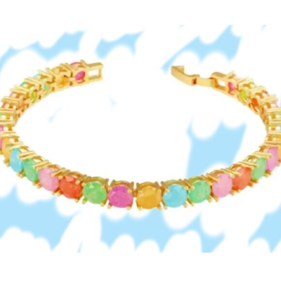 Rainbow Simulated Opal and Chalcedony 18K Gold Plated Tennis Bracelet 7 1/4" - Picture 3 of 4